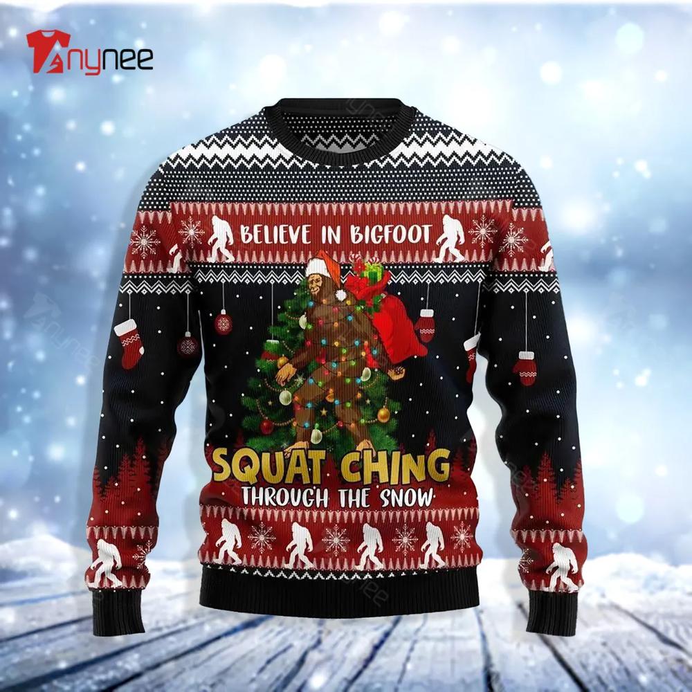 Believe In Bigfoot Squatching Through Snow Ugly Christmas Sweater For Men & Women Christmas Gift Sweater US3475 - WeCustomit