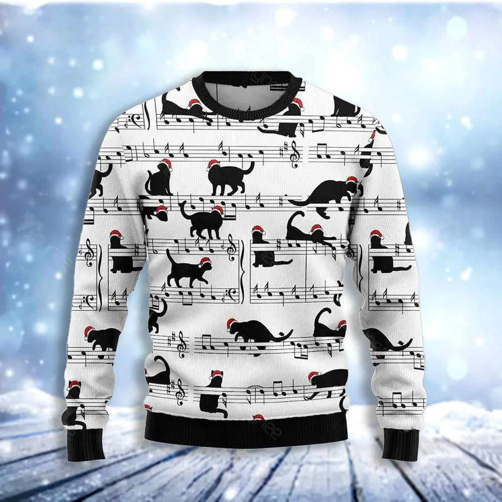 Black Cat Christmas Music Ugly Christmas Sweater For Men & Women Christmas Gift Sweater US3493 - WeCustomit