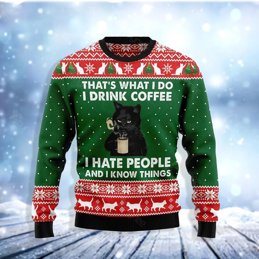Black Cat Drink Coffee I Hate People Ugly Christmas Sweater For Men & Women Christmas Gift Sweater US3494 - WeCustomit