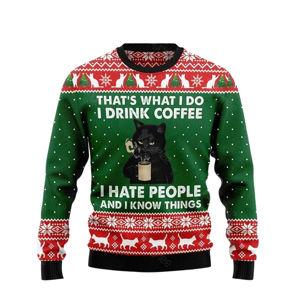 Black Cat Drink Coffee I Hate People Ugly Christmas Sweater For Men & Women Christmas Gift Sweater US3494 - WeCustomit
