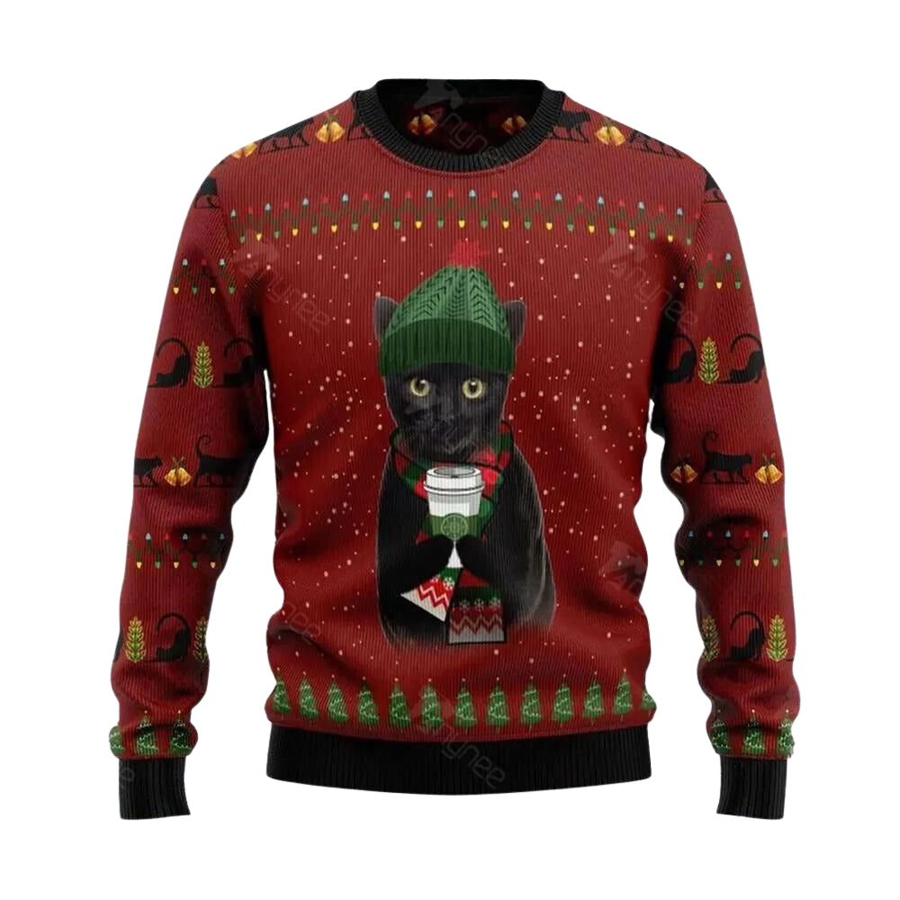 Black Cat Coffee Ugly Christmas Sweater For Men & Women Christmas Gift Sweater US3495 - WeCustomit