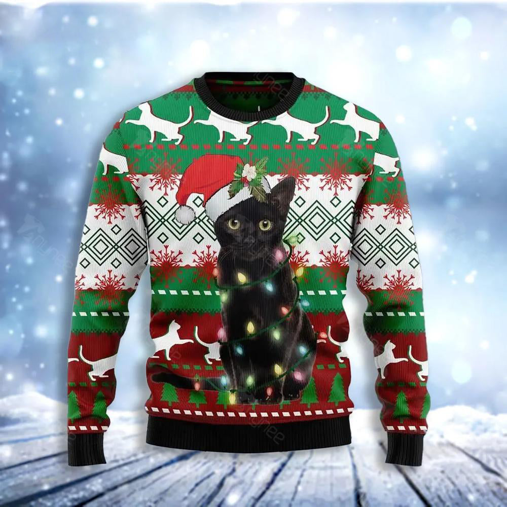 Black Cat Light Christmas Ugly Christmas Sweater For Men & Women Christmas Gift Sweater US3501 - WeCustomit