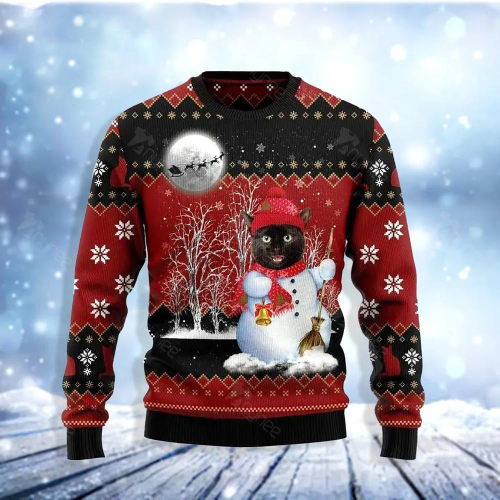 Black Cat Snowman Ugly Christmas Sweater For Men & Women Christmas Gift Sweater US3616 - WeCustomit