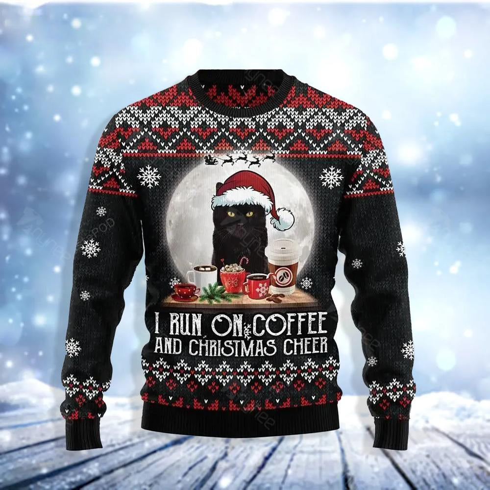 Black Cat Run On Coffee Ugly Christmas Sweater For Men & Women Christmas Gift Sweater US3617 - WeCustomit