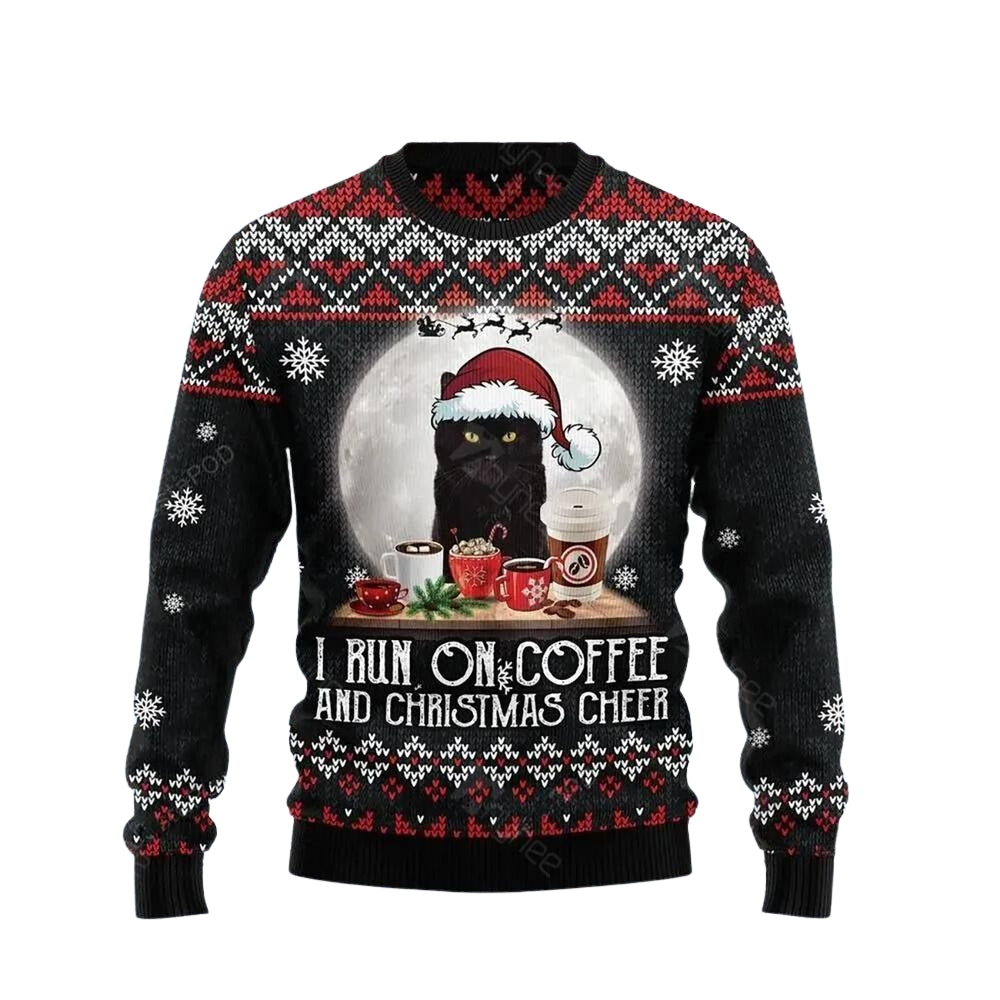Black Cat Run On Coffee Ugly Christmas Sweater For Men & Women Christmas Gift Sweater US3617 - WeCustomit