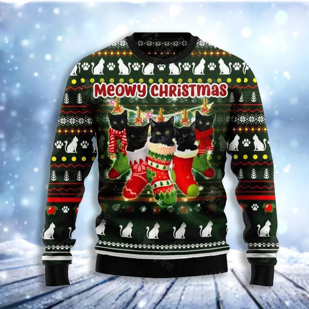 Black Cat Socks Meowy Christmas Ugly Christmas Sweater For Men & Women Christmas Gift Sweater US3619 - WeCustomit