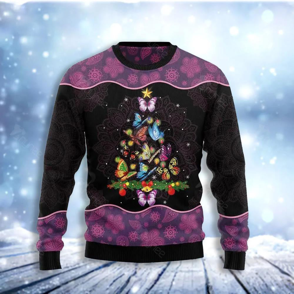 Butterfly Christmas Tree Ugly Christmas Sweater For Men & Women Christmas Gift Sweater US3644 - WeCustomit