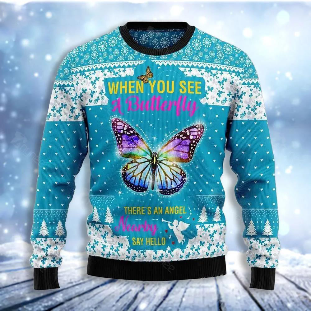 Butterfly Nearby Say Hello Ugly Christmas Sweater For Men & Women Christmas Gift Sweater US3647 - WeCustomit