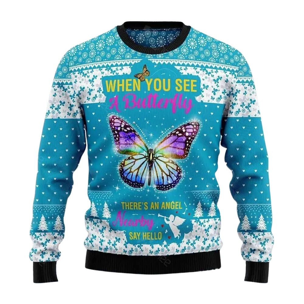 Butterfly Nearby Say Hello Ugly Christmas Sweater For Men & Women Christmas Gift Sweater US3647 - WeCustomit