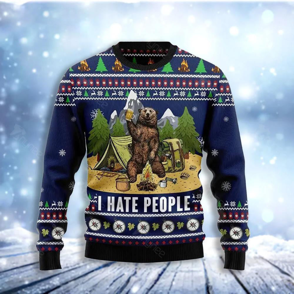 Camping Bear I Hate People Ugly Christmas Sweater For Men & Women Christmas Gift Sweater US3660 - WeCustomit