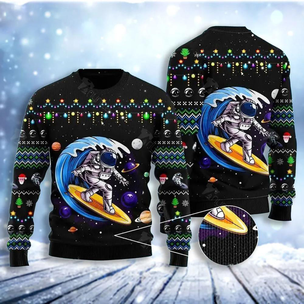 Astronauts Surf On A Surfboard In Space Ugly Christmas Sweater For Men & Women Christmas Gift Sweater US3712 - WeCustomit