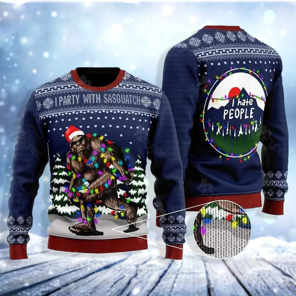 Bigfoot Santa Christmas Tree Lights Ugly Christmas Sweater For Me & Women Christmas Gift Thanksgiving Sweater US4084 - WeCustomit
