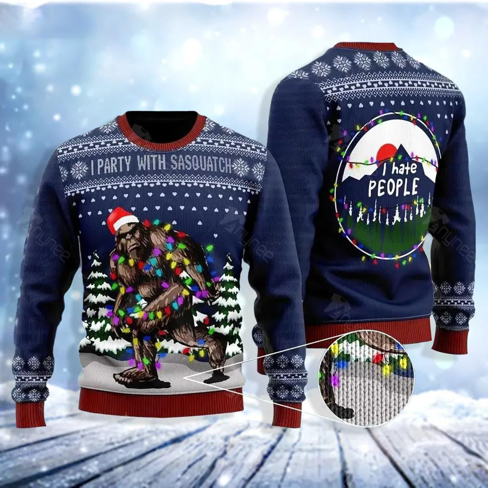 Bigfoot Santa Christmas Tree Lights Ugly Christmas Sweater For Me & Women Christmas Gift Thanksgiving Sweater US4086 - WeCustomit