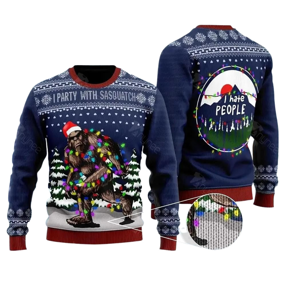 Bigfoot Santa Christmas Tree Lights Ugly Christmas Sweater For Me & Women Christmas Gift Thanksgiving Sweater US4086 - WeCustomit