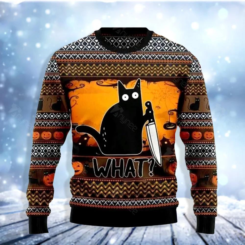 Black Cat What Chimney Ugly Christmas Sweater For Me & Women Christmas Gift Thanksgiving Sweater US4096 - WeCustomit