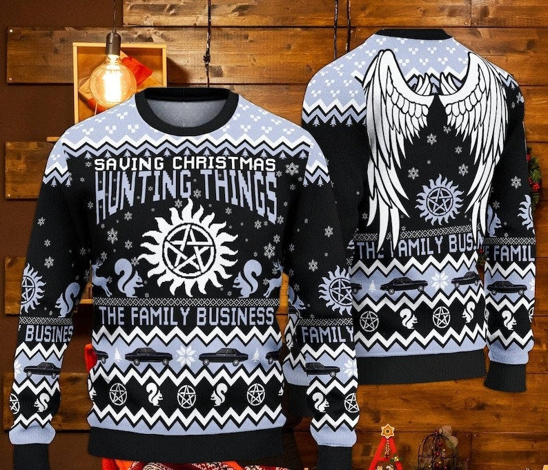 Saving Christmas Hunting Things Ugly Christmas Sweater For Men & Women Christmas Gift Thanksgiving Sweater US4303 - WeCustomit