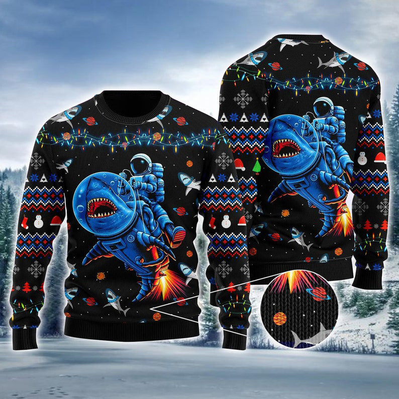 Funny Astronauts Ride A Shark In Space With The Planet Ugly Christmas Sweater For Men & Women Christmas Gift Sweater US4438 - WeCustomit