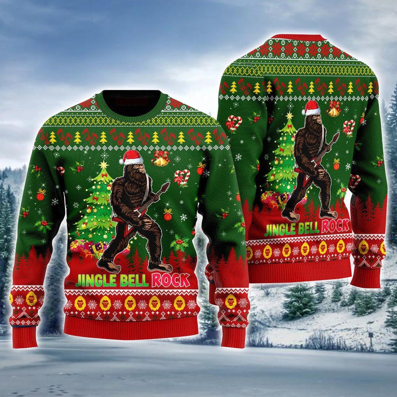 Bigfoot Playing Guitar Jingle Bell Rock Ugly Christmas Sweater For Men & Women Christmas Gift Sweater US4570 - WeCustomit