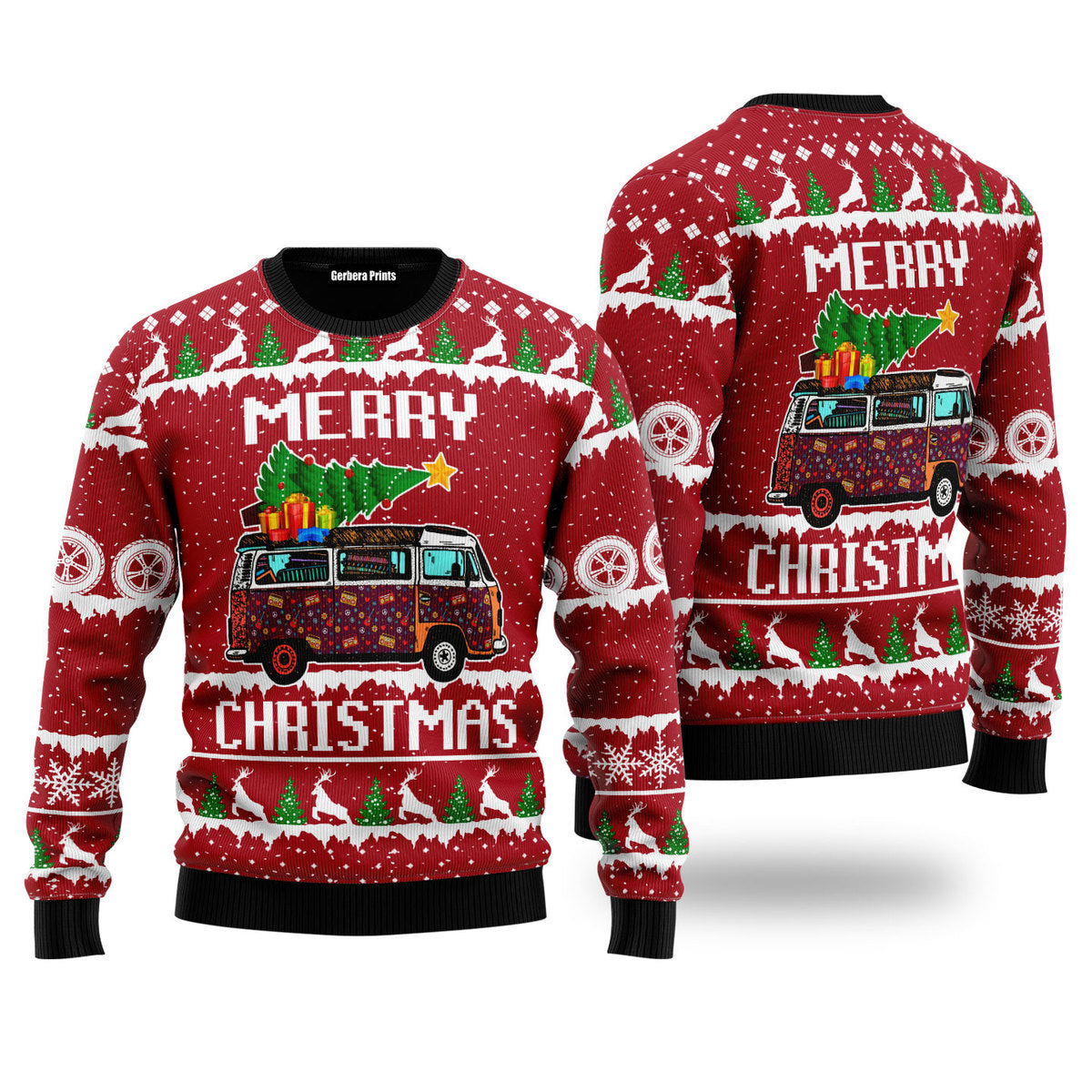 Hippie Car Merry Christmas Red Ugly Christmas Sweater - WeCustomit