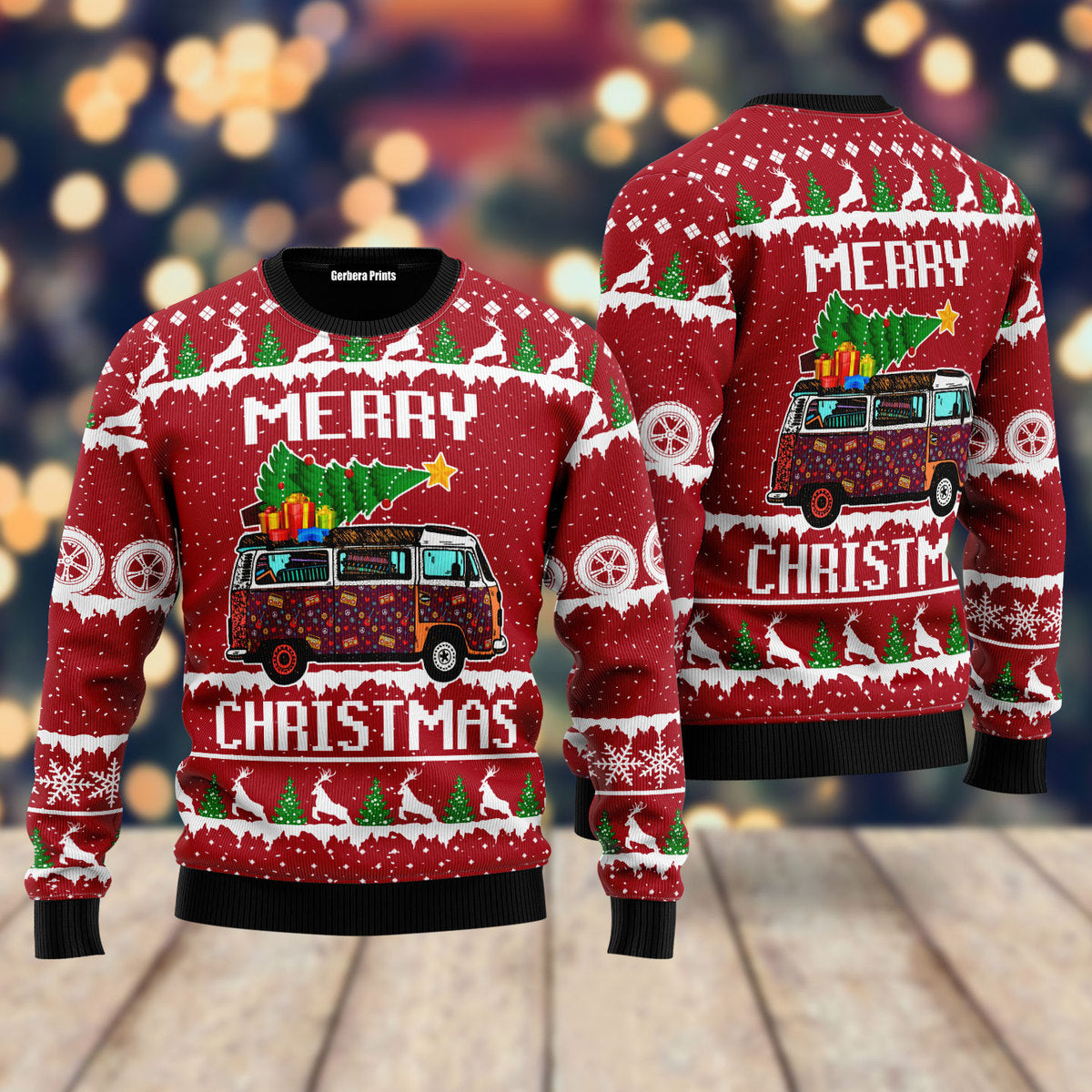 Hippie Car Merry Christmas Red Ugly Christmas Sweater - WeCustomit