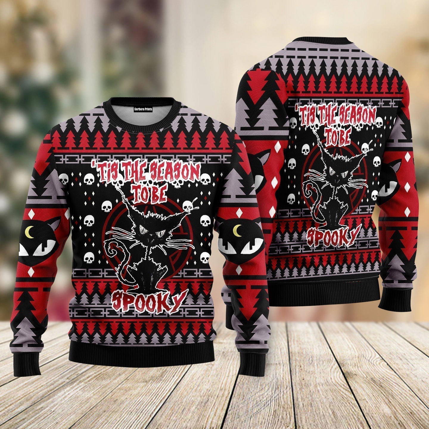 Black Cat Spooky Halloween Ugly Christmas Sweater - WeCustomit