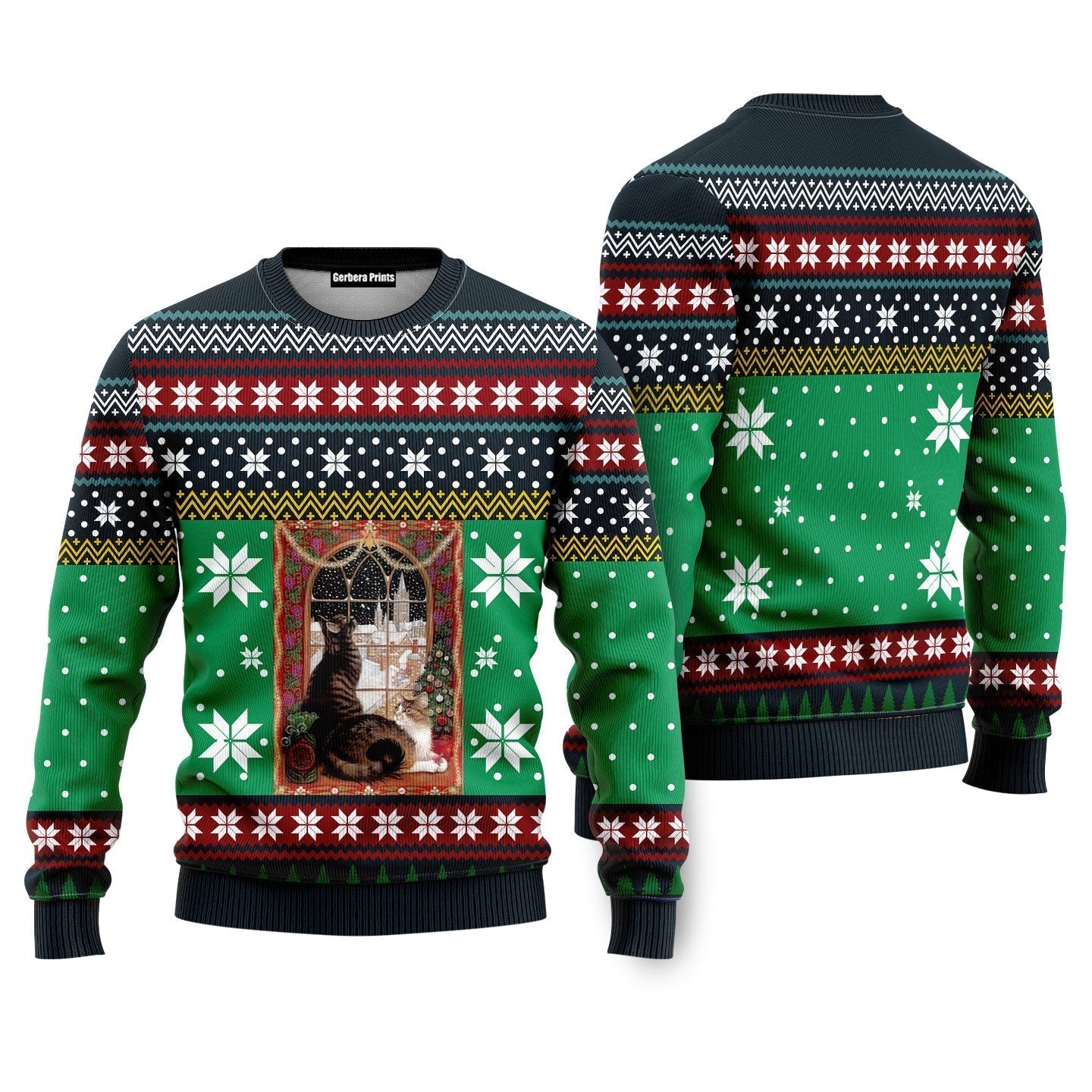Cat Christmas Snow Window Ugly Christmas Sweater - WeCustomit