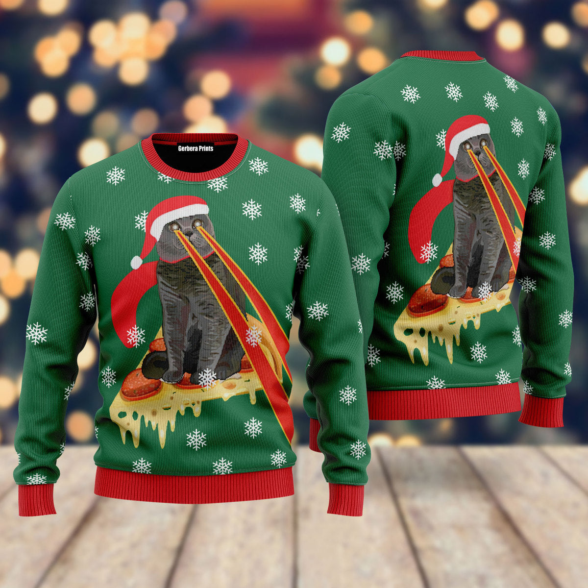 Pizza Cat With Laser Eyes Ugly Christmas Sweater - WeCustomit