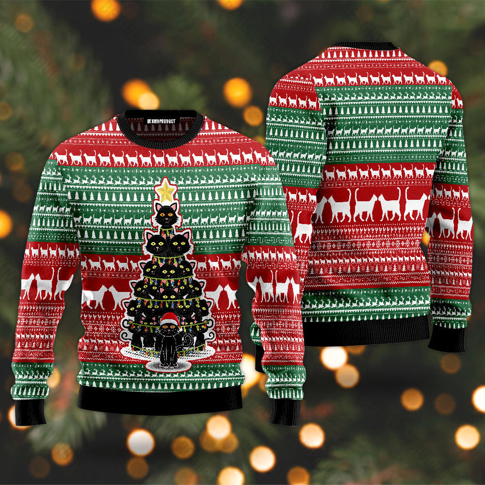 Black Cat Christmas Tree Ugly Christmas Sweater For Men & Women Christmas Gift Sweater USN3048 - WeCustomit