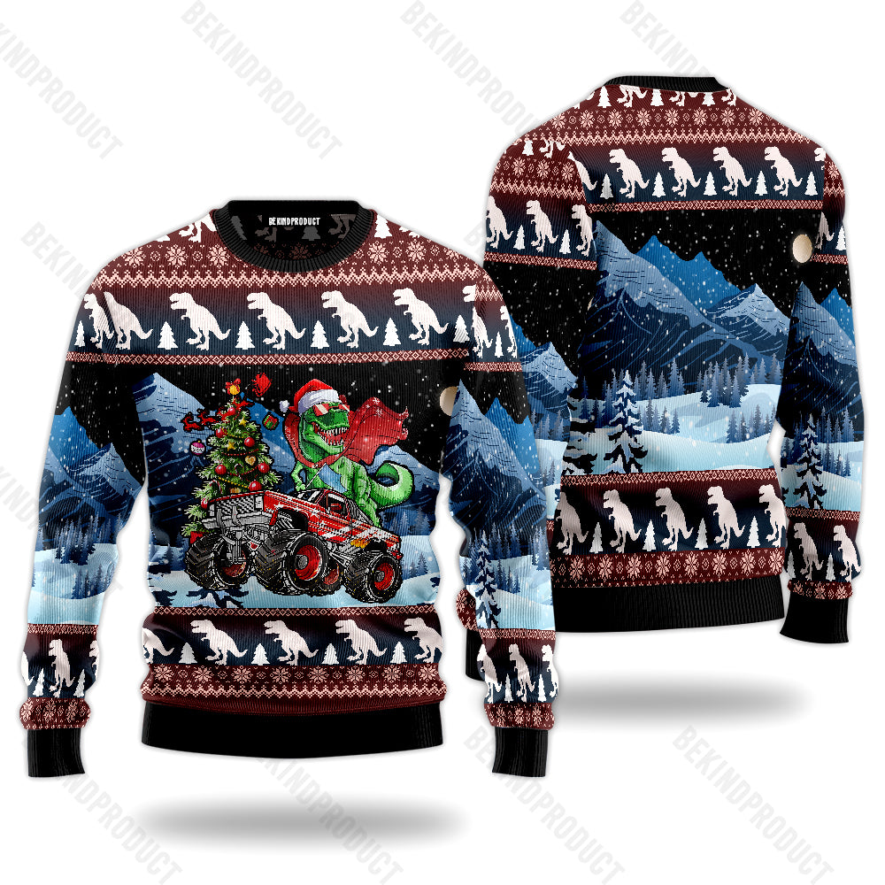 Christmas Dinosaur Riding Monster Truck Ugly Christmas Sweater For Men & Women Christmas Gift Sweater USN3069 - WeCustomit