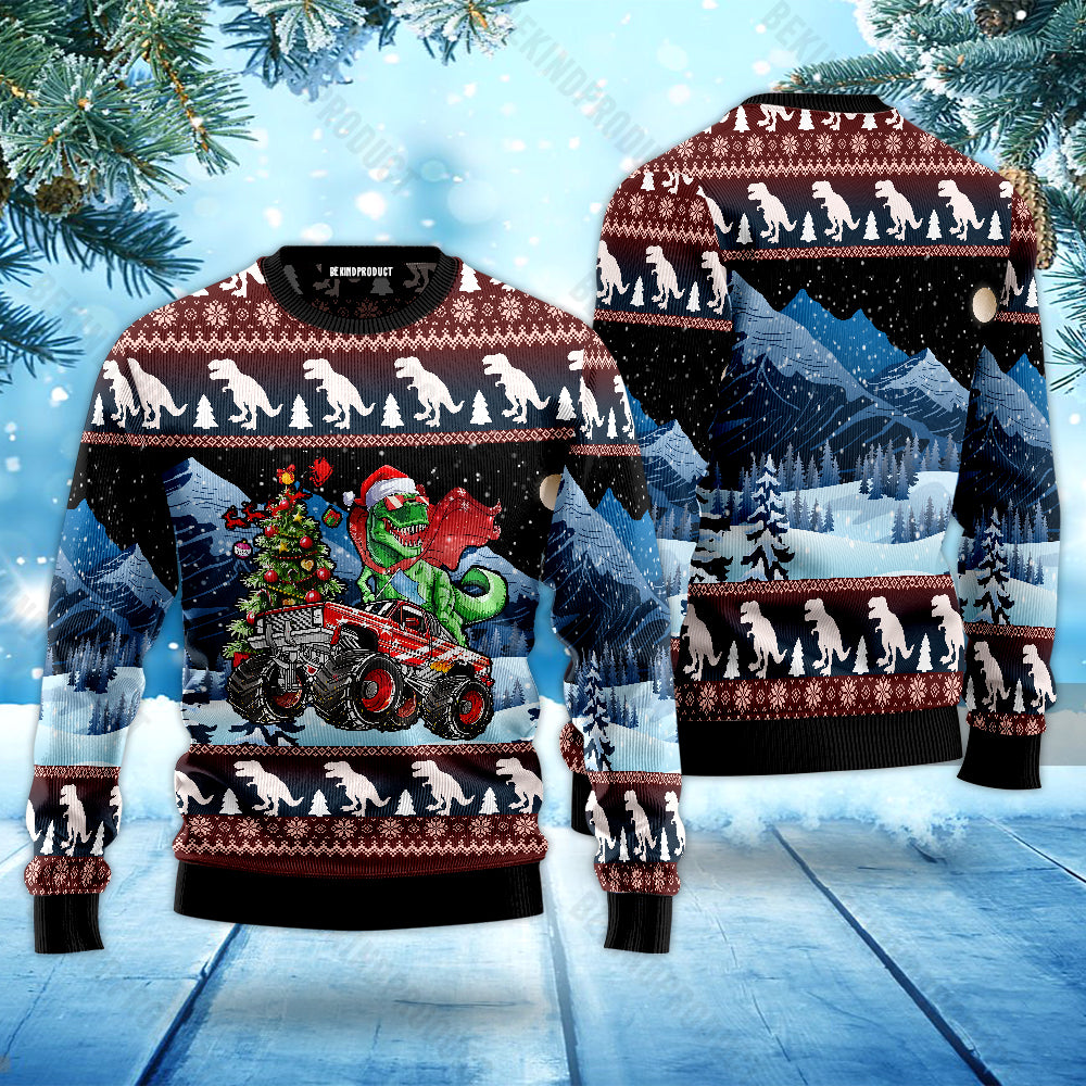Christmas Dinosaur Riding Monster Truck Ugly Christmas Sweater For Men & Women Christmas Gift Sweater USN3069 - WeCustomit