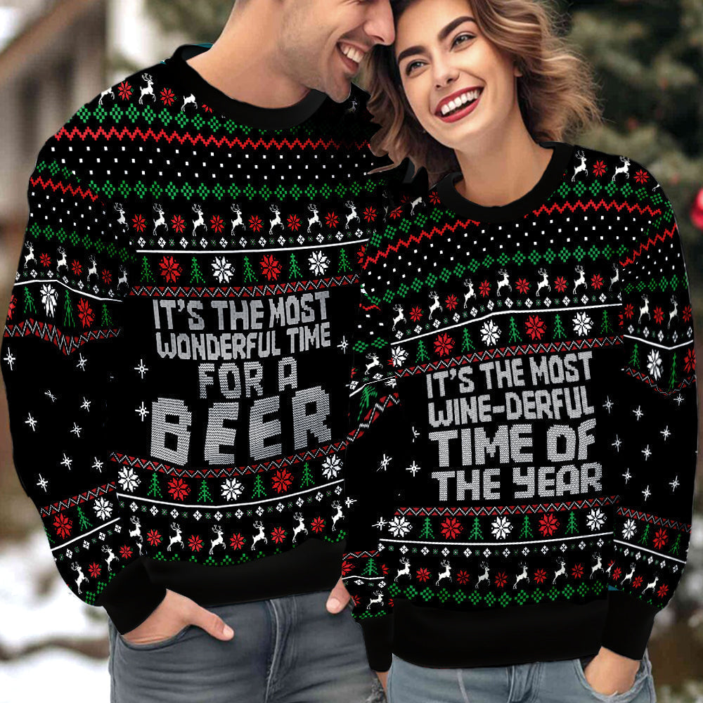 Wonderful Time For A Beer Couple Ugly Christmas Sweater Christmas Gift Anniversary Sweater USNC1006 - WeCustomit