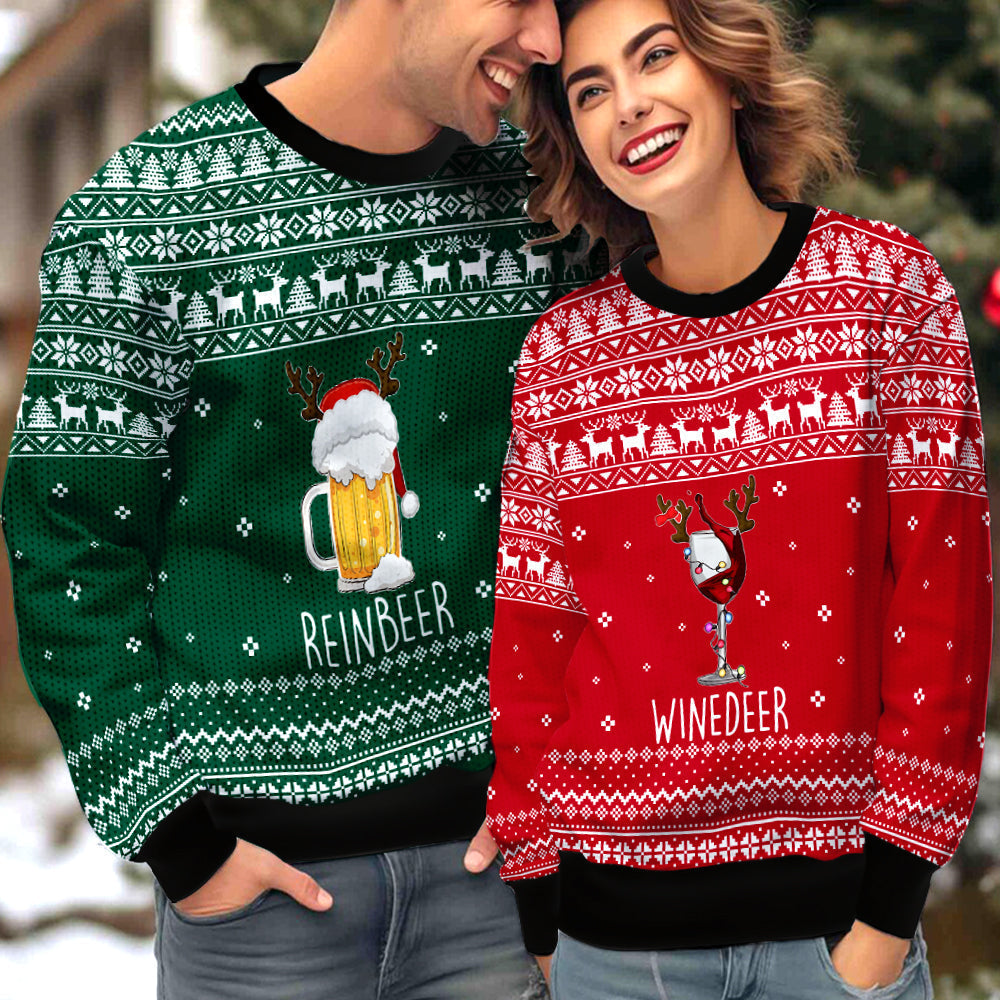 Winedeer Reinbeer Couple Ugly Christmas Sweater Christmas Gift Anniversary Sweater USNC1015 - WeCustomit