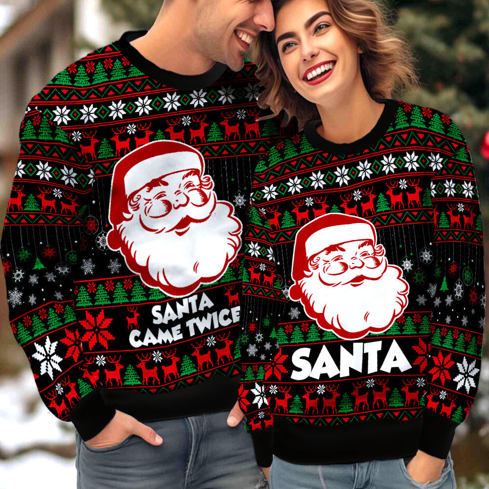 Funny Santa Came Twice Couple Ugly Christmas Sweater Christmas Gift Anniversary Sweater USNC1028 - WeCustomit