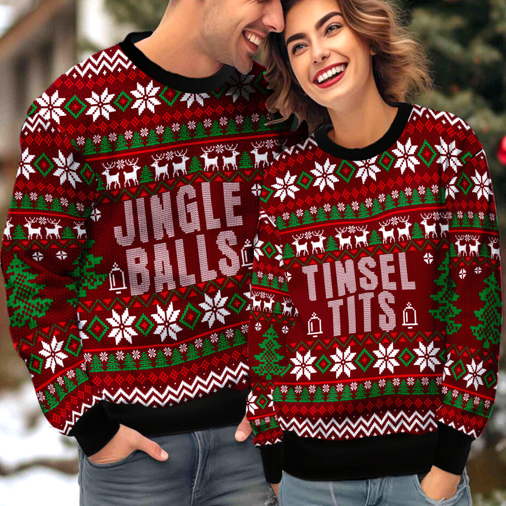 Tinsel Tits Jingle Balls Couple Ugly Christmas Sweater Christmas Gift Anniversary Sweater USNC1029 - WeCustomit
