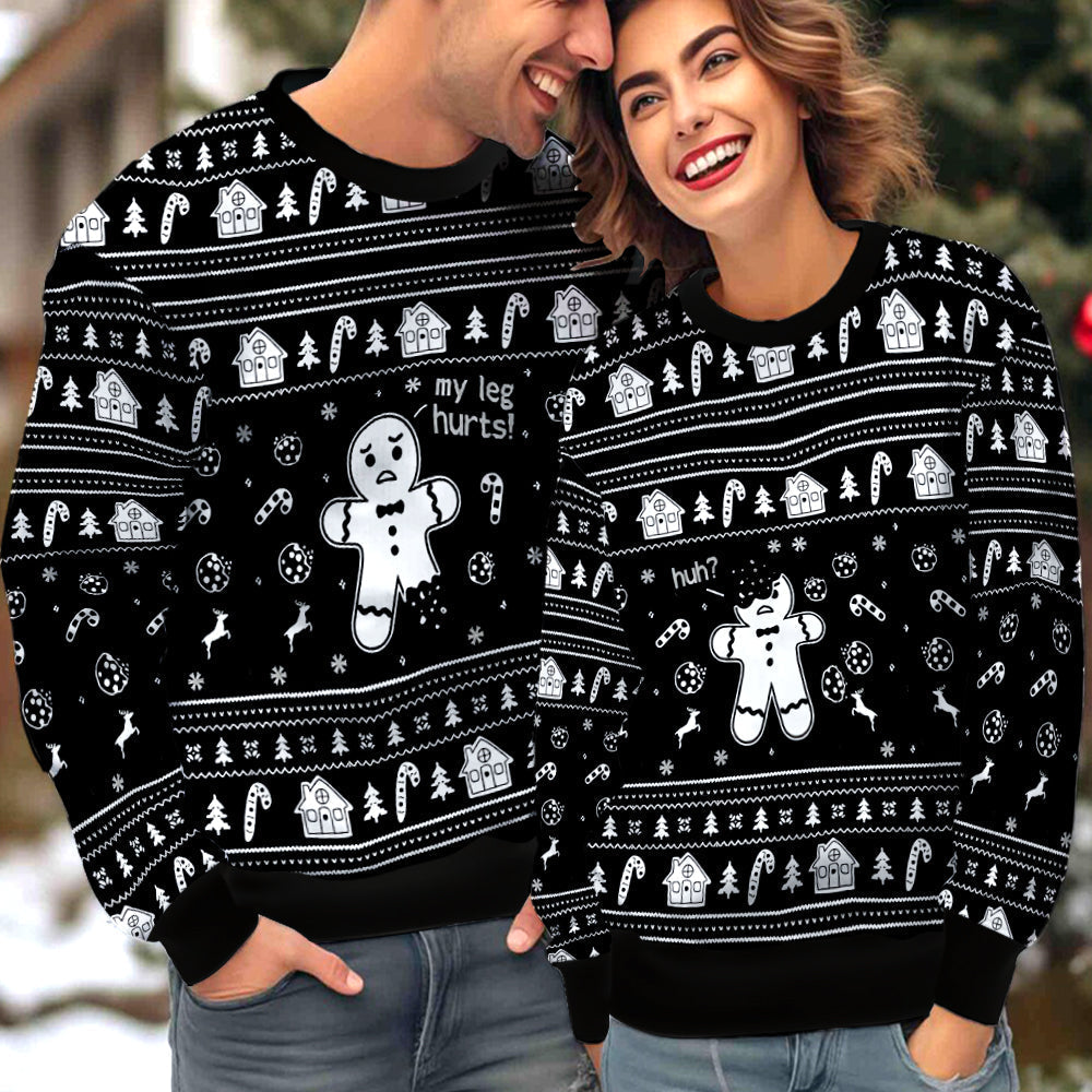 Funny Gingerbread My Leg Hurts Couple Ugly Christmas Sweater Christmas Gift Anniversary Sweater USNC1030 - WeCustomit