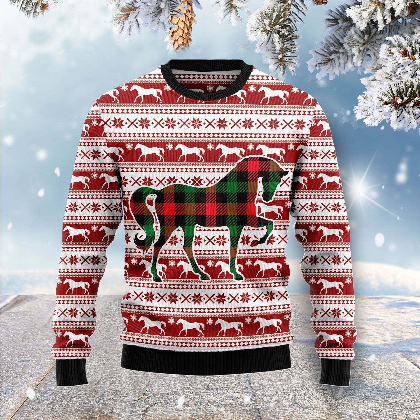 Plaid Pattern Horse Ugly Christmas Sweater For Men & Women Christmas Gift Sweater US1849 - WeCustomit