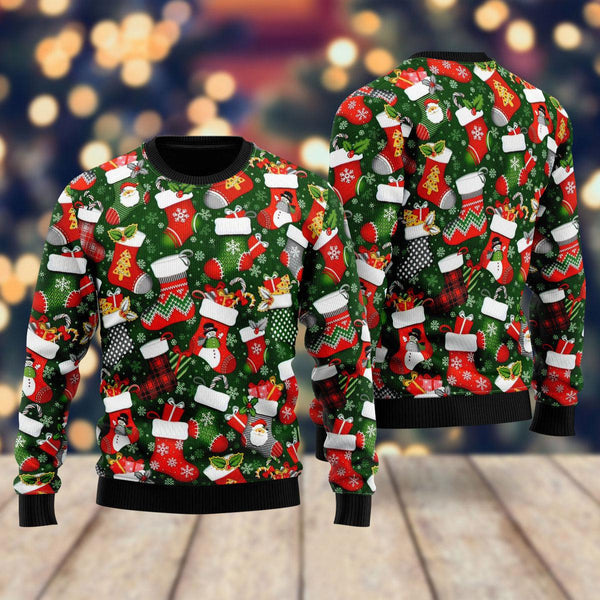 Xmas Stockings Fabric on Green Ugly Christmas Sweater For Men & Women Christmas Gift Sweater US2323 - WeCustomit