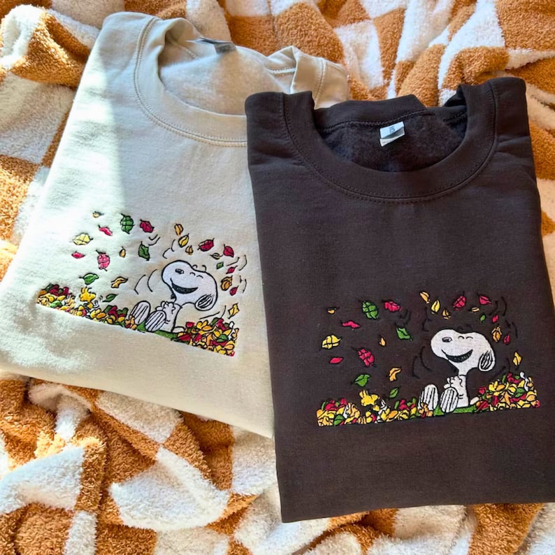 Snoopy Embroidered Crewneck Sweatshirt, Sn00py Autumn Leaves Pumpkin Sweatshirt, Halloween Cartoon Dog Embroidery Sweater - WeCustomit