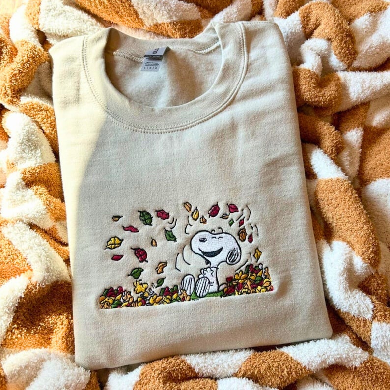 Snoopy Embroidered Crewneck Sweatshirt, Sn00py Autumn Leaves Pumpkin Sweatshirt, Halloween Cartoon Dog Embroidery Sweater - WeCustomit