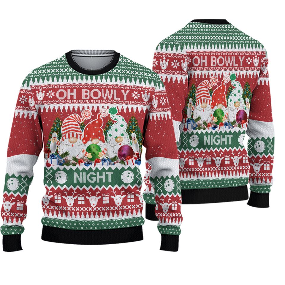 Bowling And Gnomes Lovers Gift Oh Bowly Night Ugly Christmas Sweater For Men & Women Christmas Gift Sweater PT966 - WeCustomit