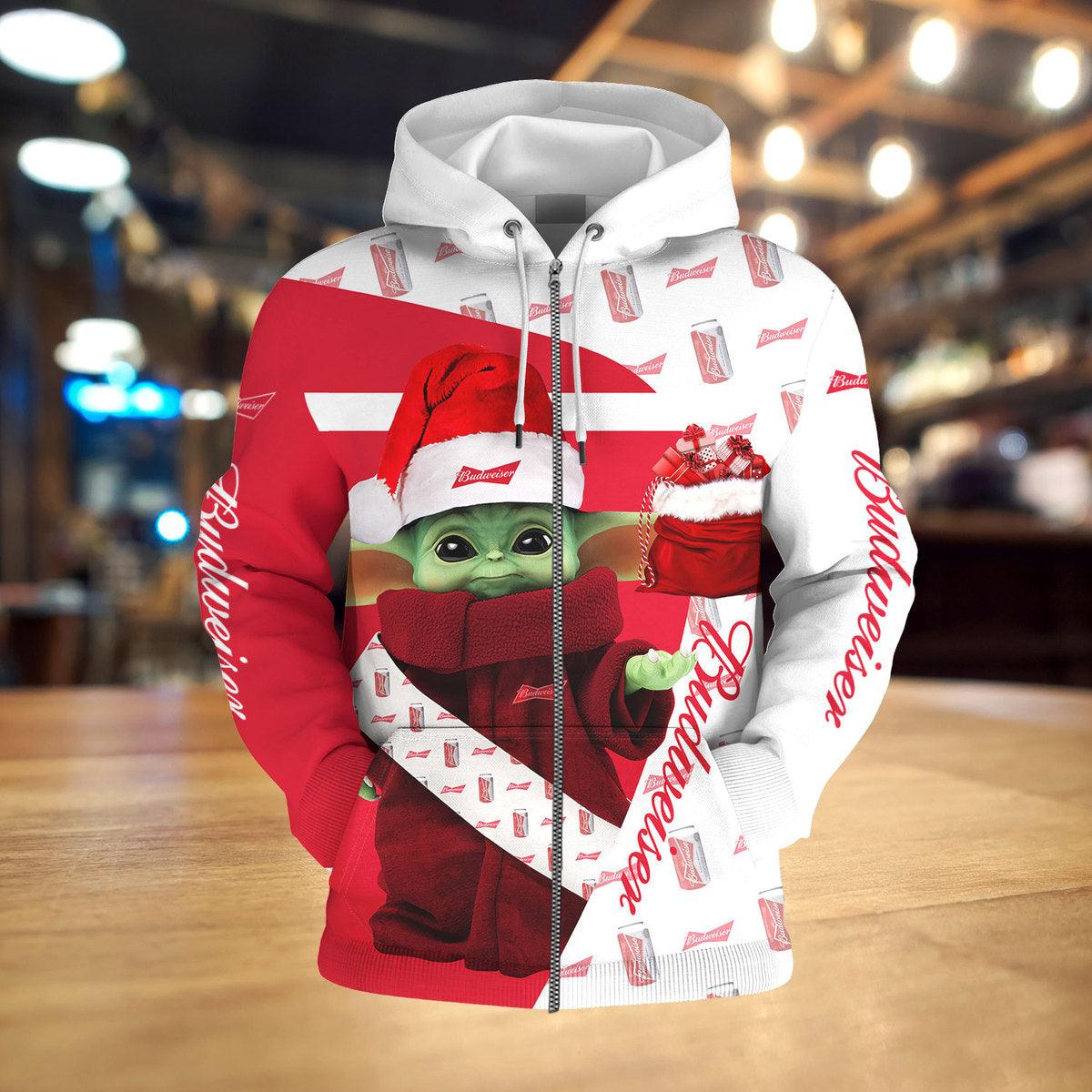 Budweiser Xmas Baby Yoda Zip Hoodie - WeCustomit