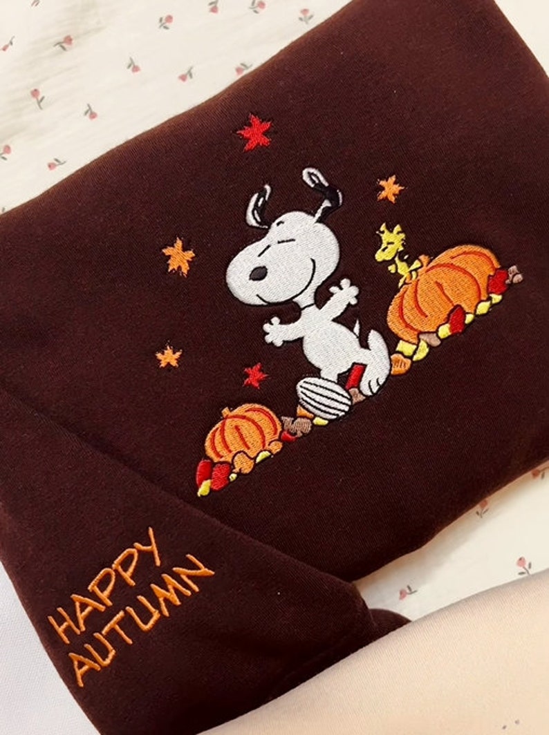 Sn00py Embroidered Crewneck Sweatshirt, Sno0py Autumn Leaves Pumpkin Sweatshirt, Halloween Cartoon Dog Embroidery Sweater - WeCustomit