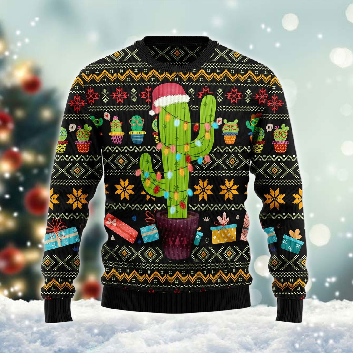 Cactus And Colors Light And Santa Hat Ugly Christmas Sweater For Men & Women Christmas Gift Sweater US2719 - WeCustomit