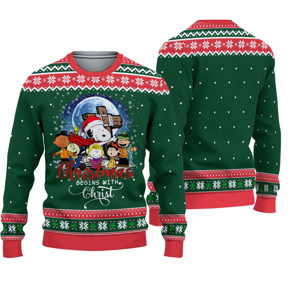 Christmas Begins With Christ Snoopy Jesus Ugly Christmas Sweater For Men & Women Christmas Gift Sweater PT985 - WeCustomit