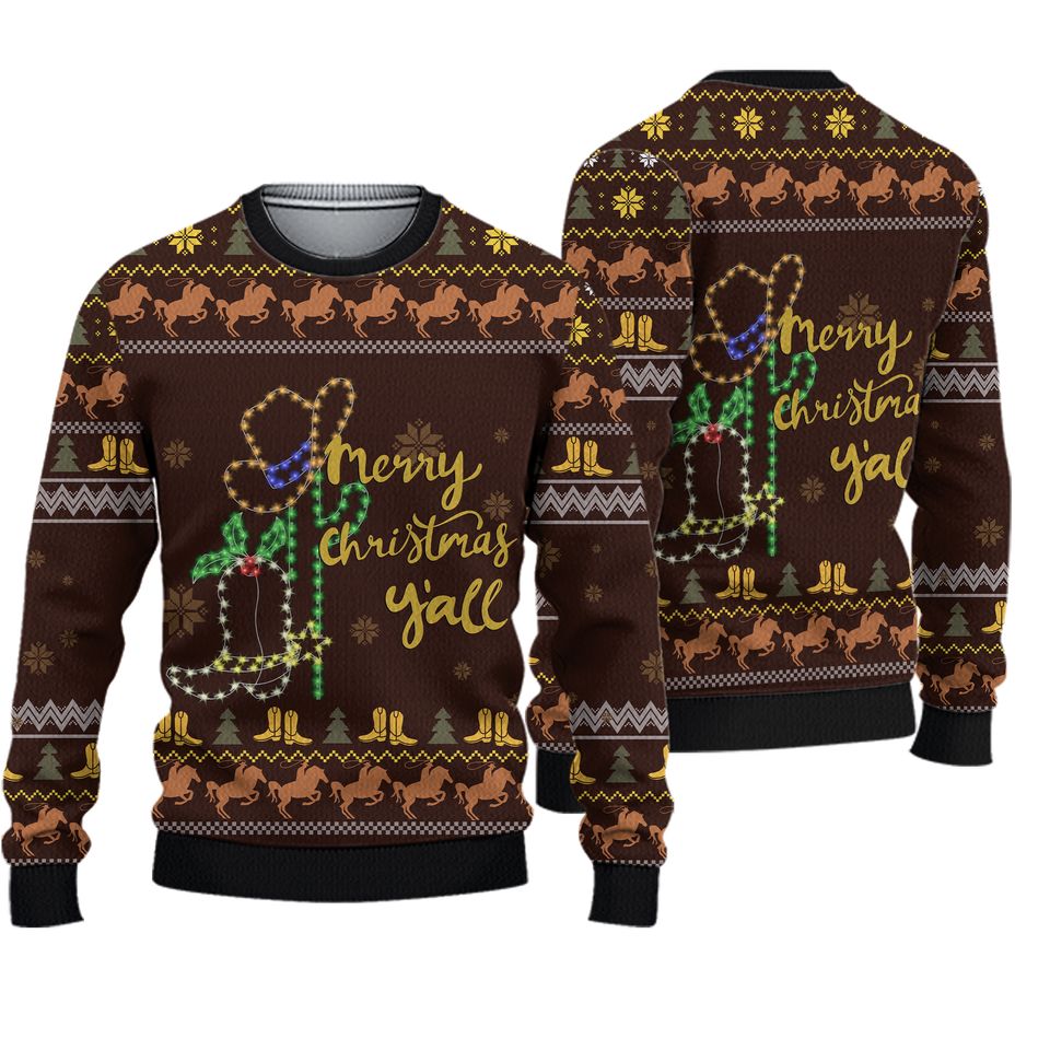 Cowboy Boots Merry Christmas Y'all Ugly Christmas Sweater For Men & Women Christmas Gift Sweater PT884 - WeCustomit