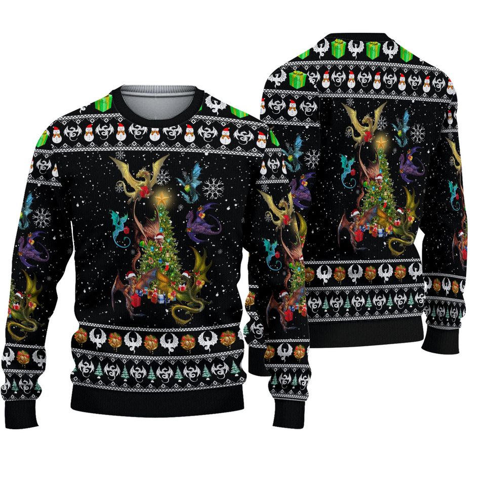 Dragon And Christmas Tree Ugly Christmas Sweater For Men & Women Christmas Gift Sweater PT885 - WeCustomit