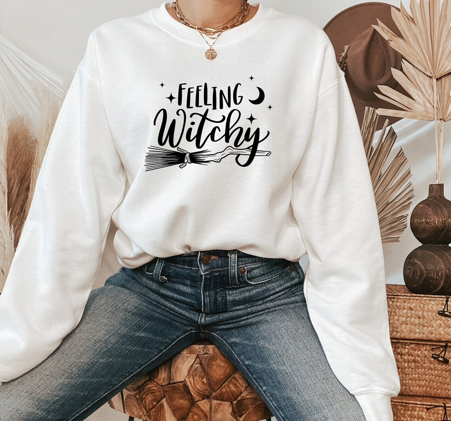 Feeling Witchy Sweatshirt, Witchy Vibes Sweatshirt, Witchy Woman Shirt, Halloween Costume, Local Witches Sweater 2D Crewneck Sweatshirt All Over Print Sweatshirt For Women Sweatshirt For Men - WeCustomit