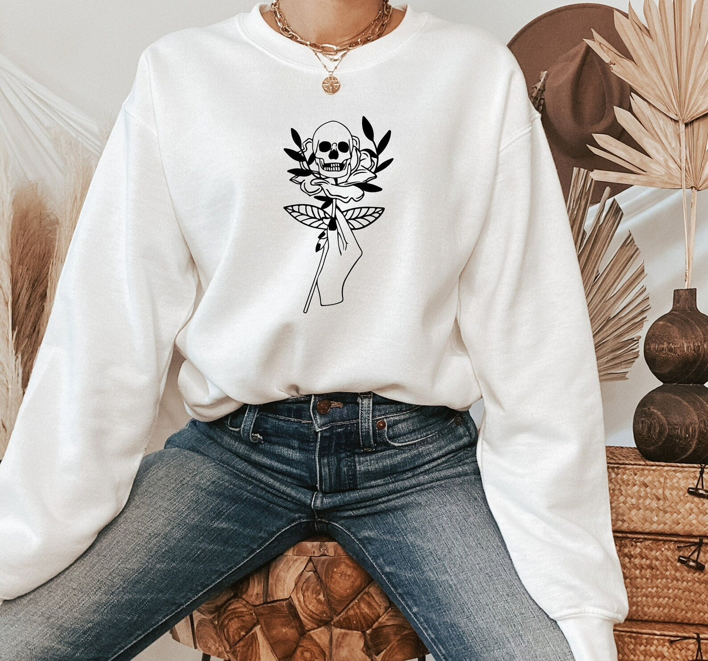 Skull Rose Sweatshirt, Witchy Vibes Sweatshirt, Witchy Woman Shirt, Sarcasm Sweat, Halloween Costume, Local Witches Sweater 2D Crewneck Sweatshirt All Over Print Sweatshirt For Women Sweatshirt For Men - WeCustomit