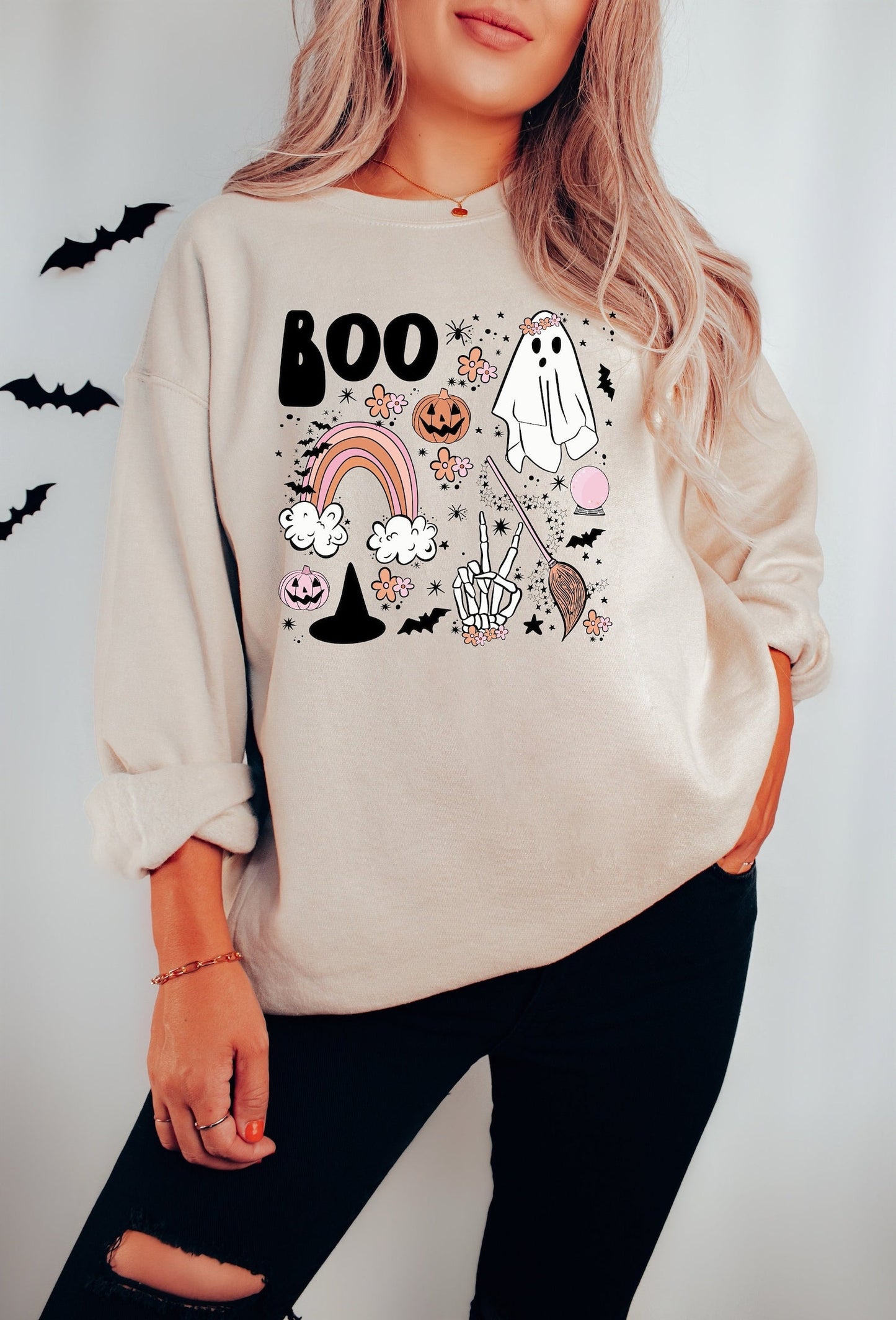 Retro Halloween Sweater, Boo Sweatshirt, Halloween Doodle 2D Crewneck Sweatshirt All Over Print Sweatshirt For Women Sweatshirt For Men - WeCustomit