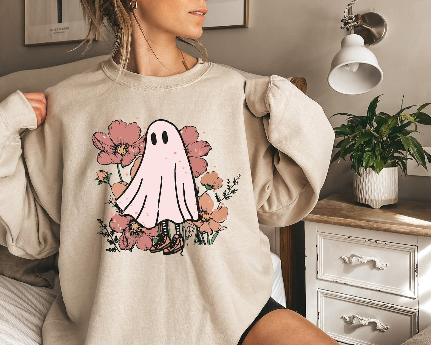 Vintage Floral Ghost sweatshirt, Cute woman Halloween sweater, ghost sweatshirt, Halloween ghost design sweater, Gifts for Halloween 2023 - WeCustomit